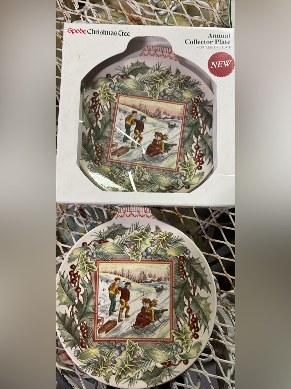 Spode Christmas Tree Plates in Green, Red and Cream Holiday Sled Scene